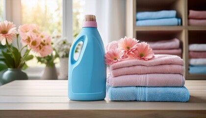 blue detergent bottle with stacked pastel towels and flowers on wooden surface in bright home interior