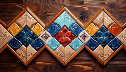 colorful ceramic tile pattern on wood background intricate design close up texture interior design application