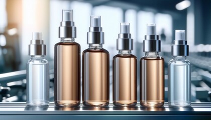 cosmetic bottles on assembly line