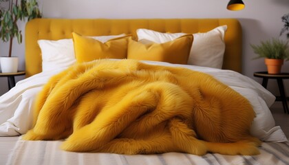 cozy mustard yellow faux fur throw blanket on bed bedroom background soft texture home decor