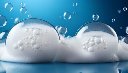 detailed closeup of dense white soap bubbles on blue background for hygiene and cleaning visuals