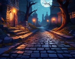 crumbling cobblestone path night urban decay atmospheric background game design