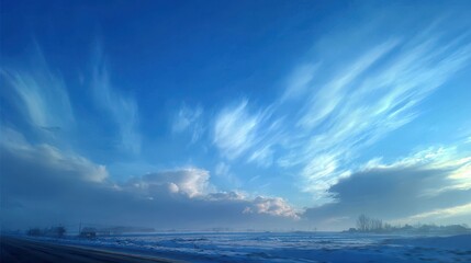 Cold winter morning sky with fast moving blue clouds and wind ideal for a day trip