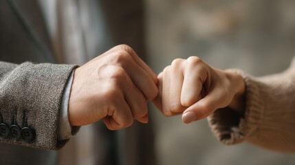 Colleagues use hand gestures to symbolize unity and success A man and woman greet with a fist bump adhering to pandemic safety measures in their startup office