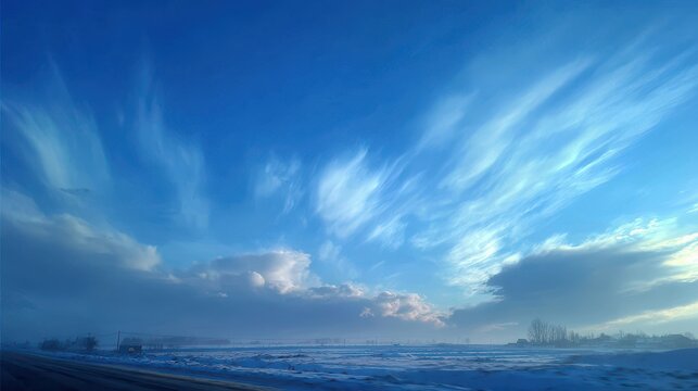 Cold winter morning sky with fast moving blue clouds and wind ideal for a day trip