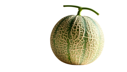 A whole, textured melon, round, with a stem, sits on a black background, lit by a side light, showcasing details