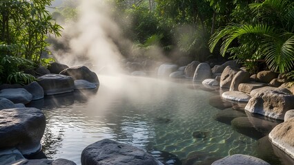 A serene geothermal hot spring surrounded by lush greenery and large rocks emitting steam in a tranquil natural setting