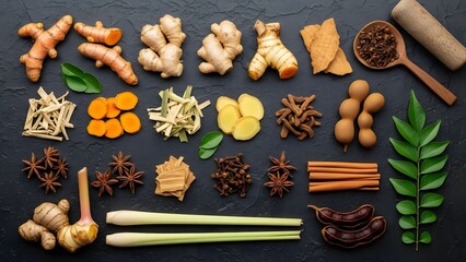 Assorted spices and herbs including ginger, turmeric, and lemongrass arranged on a dark stone surface viewed from above