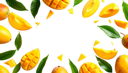 Obraz premium An overhead shot showcases a vibrant display. Ripe, golden mangoes and leaves frame a black negative space. Sections and whole fruits are scattered