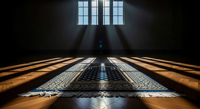 Prayer mat placed on a sunlit wooden floor in a dimly lit room with window light beams