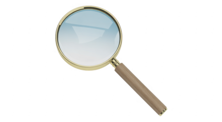 Magnifying glass with gold frame and wooden handle isolated on a transparent background