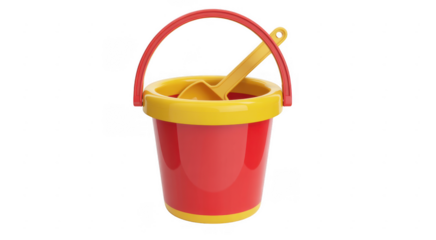 Red and yellow plastic bucket with shovel red bucket isolated on a transparent background