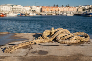 Coiled marine rope resting on concrete harbor pier near calm water, with blurred marina boats and coastal buildings in background, symbolizing nautical equipment and seaside industry