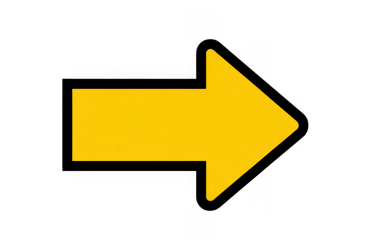 Yellow arrow pointing right arrow direction sign isolated on a transparent background - Powered by Adobe