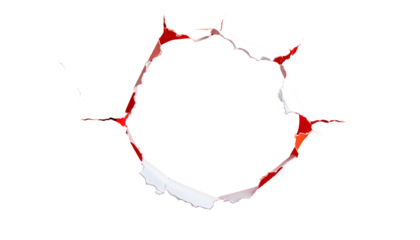 Graphic rendering featuring a stylized hole. Red, jagged edges frame a circular void on a stark black background