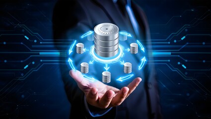 Data integration and ETL process. Data pipeline and data warehouse. Engineer holding database icons.