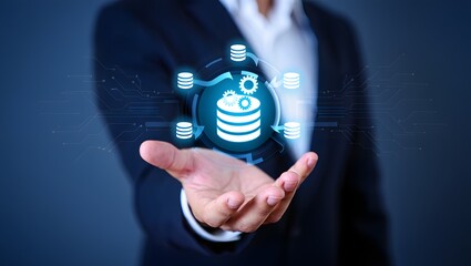 Data integration and ETL process. Data pipeline and data warehouse. Engineer holding database icons.