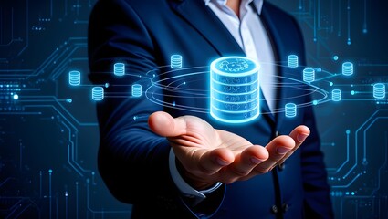 Data integration and ETL process. Data pipeline and data warehouse. Engineer holding database icons.