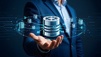 Data integration and ETL process. Data pipeline and data warehouse. Engineer holding database icons.