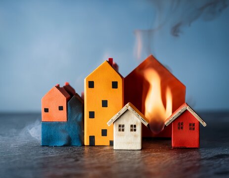miniature burning house while nearby homes remain intact symbolizing property fire risk insurance coverage limits and claim importance