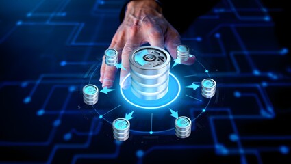 Data integration and ETL process. Data pipeline and data warehouse. Engineer holding database icons.