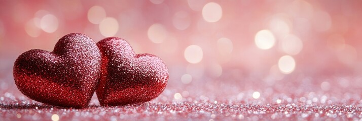 Two glittering red hearts are positioned closely on a shimmering pink surface