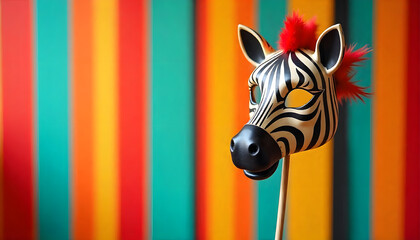 Vintage style zebra mask on a stick with a bold red accent, set against a colorful striped background. Playful and whimsical circus-inspired concept with retro charm, graphic patterns and a festive ad