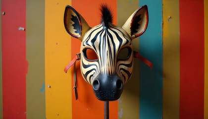 Fototapeta premium Vintage style zebra mask on a stick with a bold red accent, set against a colorful striped background. Playful and whimsical circus-inspired concept with retro charm, graphic patterns and a festive ad