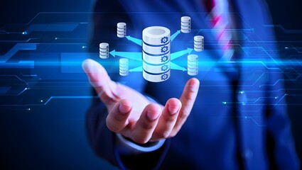 Data integration and ETL process. Data pipeline and data warehouse. Engineer holding database icons.