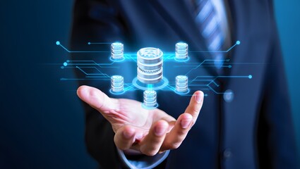 Data integration and ETL process. Data pipeline and data warehouse. Engineer holding database icons.