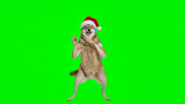 Funny Grey Wolf Wearing Santa Hat Playing on Green Screen Background for Chroma Key