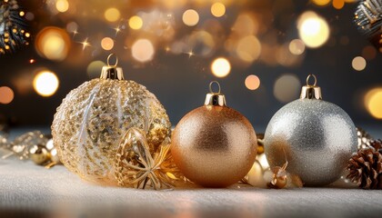 Elegant Silver And Gold Christmas Ornaments Sparkle With Festive Bokeh Lights Creating Holiday Magic
