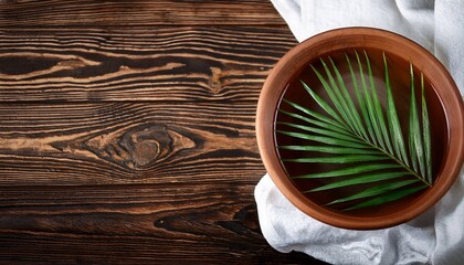 Clay Basin Of Water White Linen And Green Palm Branch On A Dark Wood Background With Copy Space