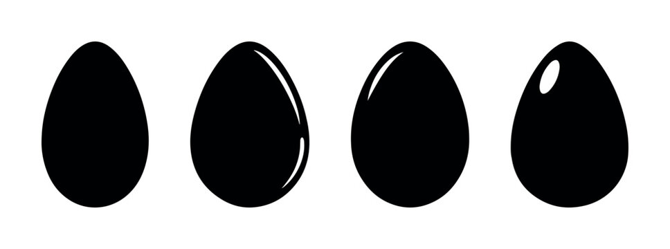 Set of black egg silhouettes with shiny reflections Easter food symbol icon natural organic shape vector isolated on transparent background glossy oval decorative elements design