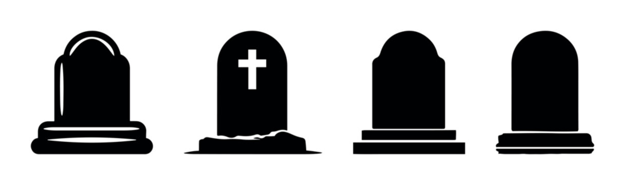 Gravestone tombstone icon vector isolated on transparent background featuring silhouette memorial headstone death burial cross cemetery Halloween symbol flat black stone grave monument illustration