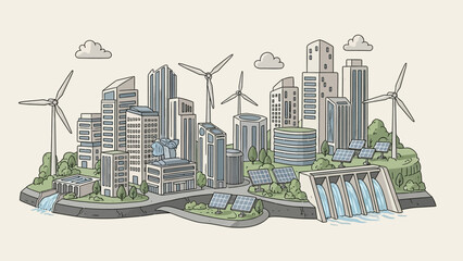 Fototapeta premium Sustainable City with Renewable Energy Sources.