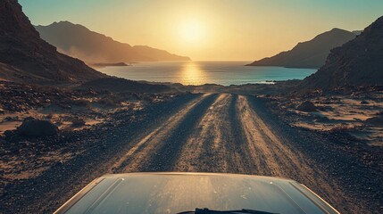 Sunset view from a car on a dirt road near the coast with mountains in the background during evening hours