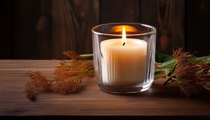 A Still Life Featuring A Lit Candle In A Glass Holder Placed On A Rustic Wooden Surface
