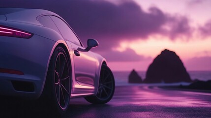 Car parked by the shore at sunset with purple sky and rocky formation in the background near the ocean during dusk hours
