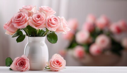 A White Vase With Pink Roses In It