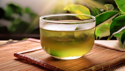 Cold Japanese Green Tea Placed On A Bamboo Luncheon Mat