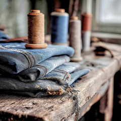 Concept of fabric recycling, slow fashion, and creative textile reuse in a minimalist workshop environment.