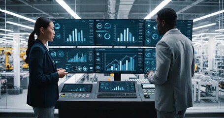 4K Smart Factory Engineers Analyzing Production Data - Powered by Adobe