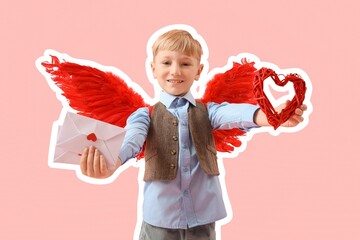 Fototapeta premium Cute little cupid with letters and heart on pink background. Valentine's Day celebration