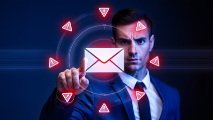 Email security software detecting phishing or scam mail and displaying warning alert. Business person touching email icon to delete malicious emails.