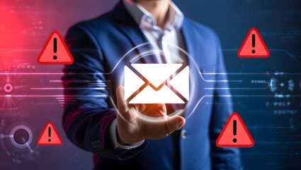 Email security software detecting phishing or scam mail and displaying warning alert. Business person touching email icon to delete malicious emails.