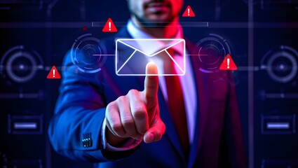 Email security software detecting phishing or scam mail and displaying warning alert. Business person touching email icon to delete malicious emails.