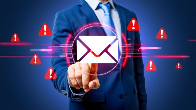 Email security software detecting phishing or scam mail and displaying warning alert. Business person touching email icon to delete malicious emails.