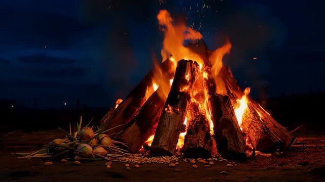 Burning bonfire with dramatic mood blazing at night representing fire ritual and outdoor warmth against dark sky background