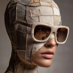 Fashion female portrait in patchwork style made of colorful fabric scraps, wearing sunglasses, textile art illustration, creative fashion concept.